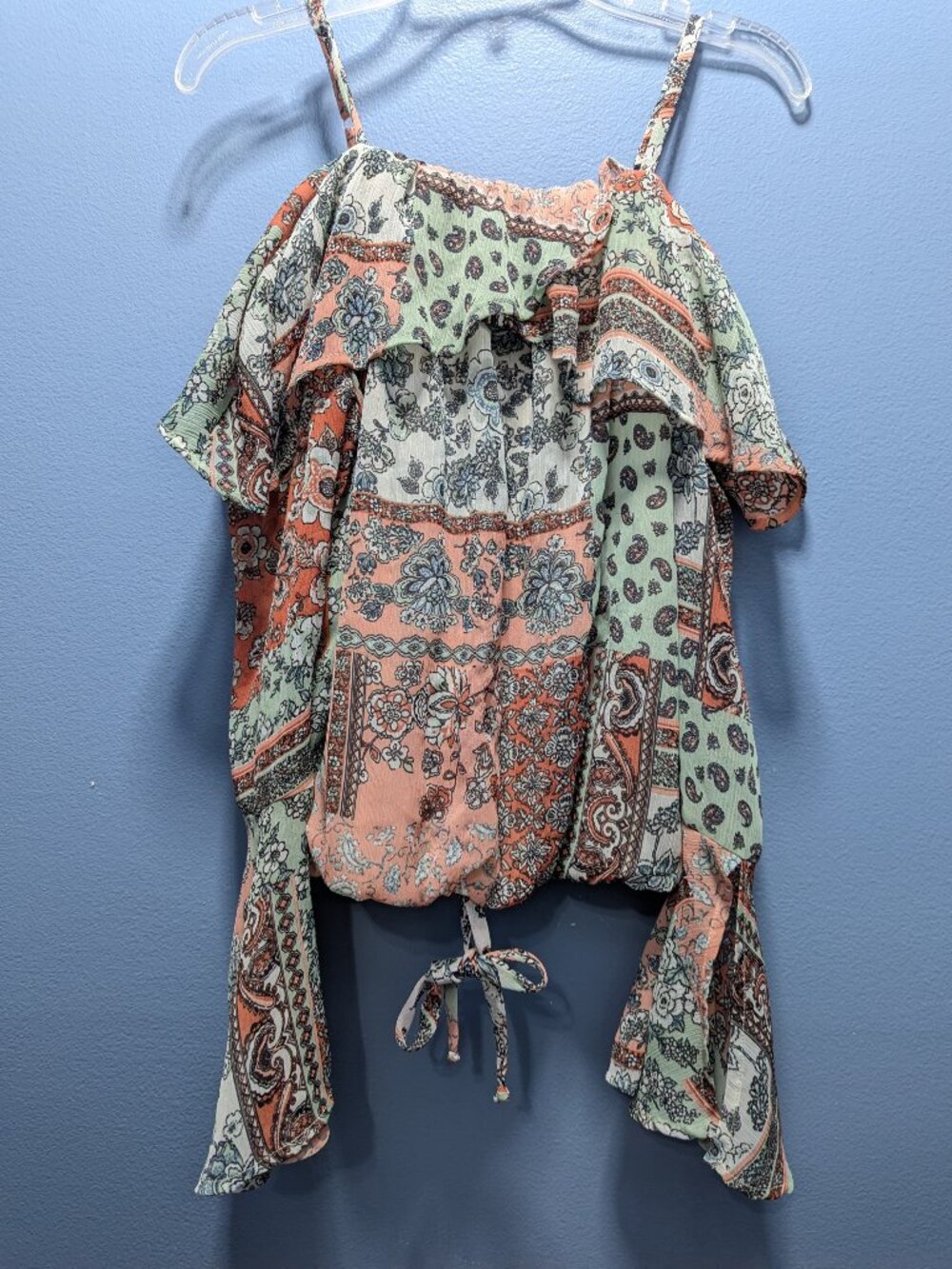 BCX XS Boho Off-Shoulder Floral Blouse with Bell Sleeves
